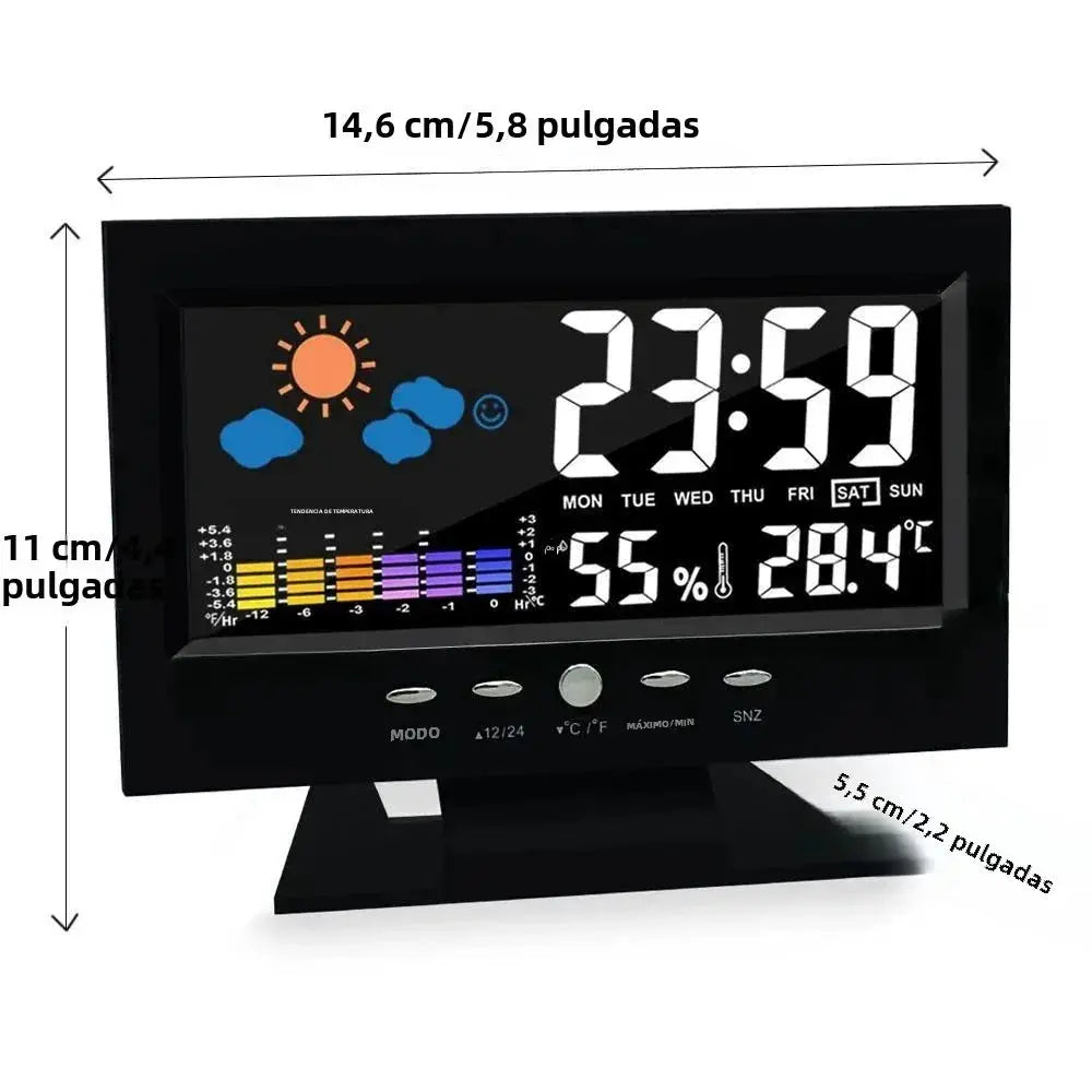 Simples Market weather station clock with digital LCD display, black finish, showing time, date, temperature and humidity.