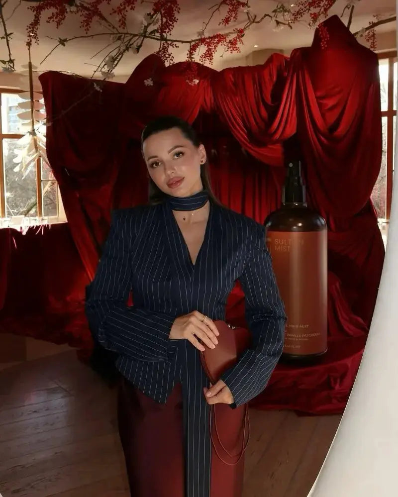 Trendix Elegant Blazer 2 Piece Set, navy pinstripe blazer with V-neck worn by model.