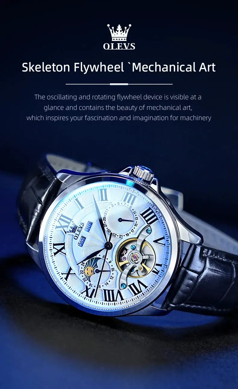 OLEVS men's skeleton flywheel mechanical watch with silver case, white dial, Roman numerals, black leather strap