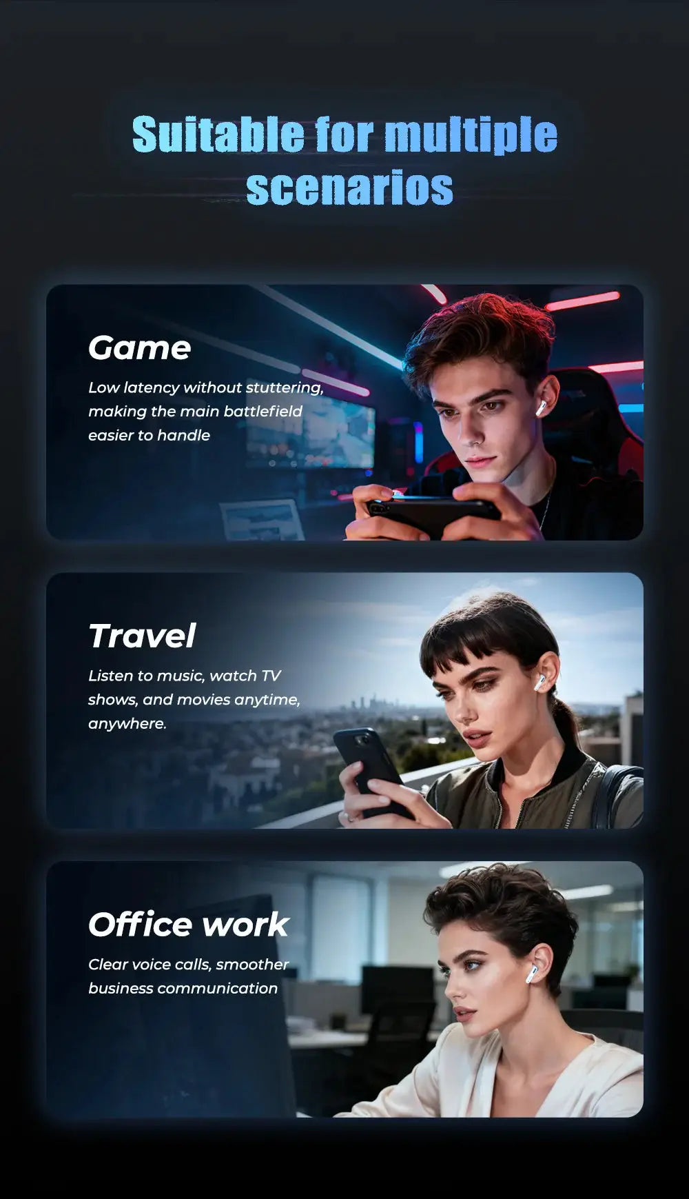 HTC NE49 Bluetooth Earphones by Simples Market; white wireless earbuds in three scenes for game, travel and office work.