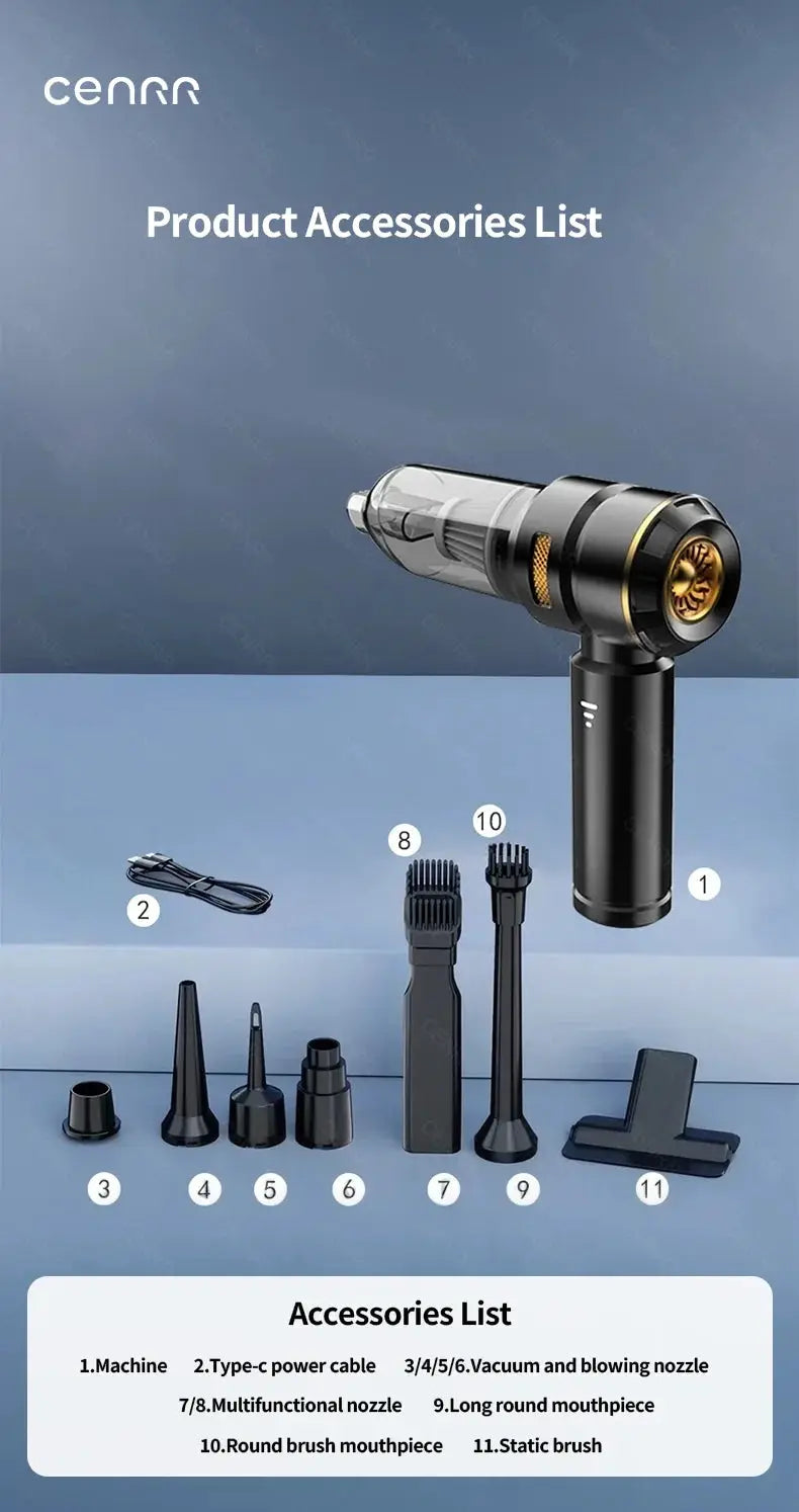 CENRR handheld wireless car vacuum cleaner with 11 accessories including nozzles, brushes and charging cable