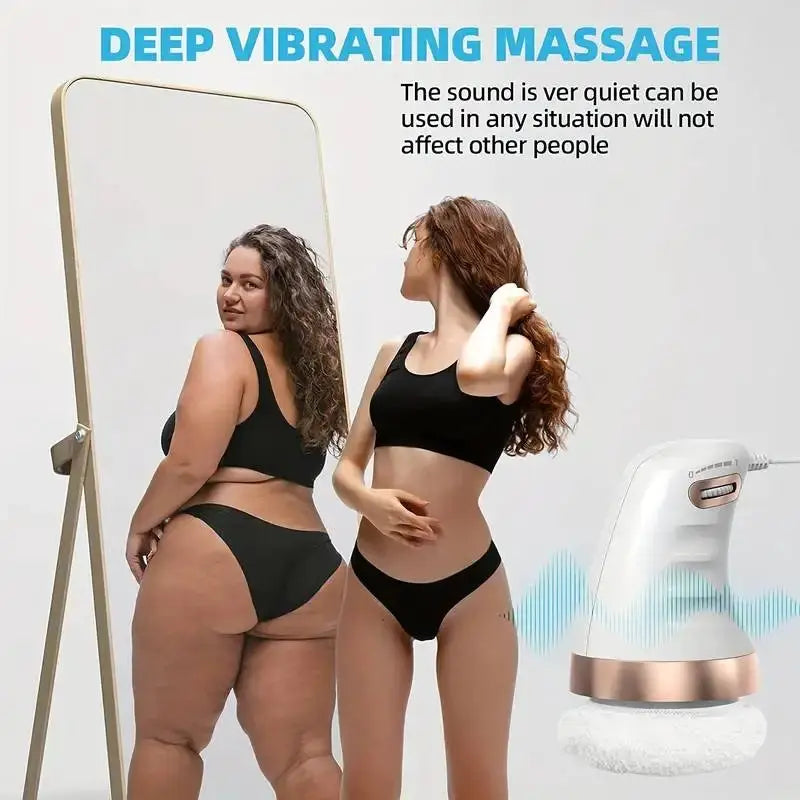 Cellulite massager handheld device, white with rose-gold base, shown beside two women in black bikinis