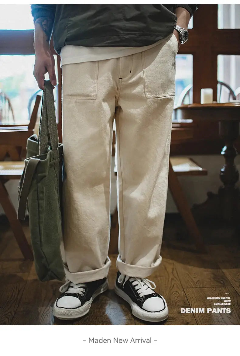 Maden Vintage white cotton pants for men, casual loose straight fit with cuffed hems.