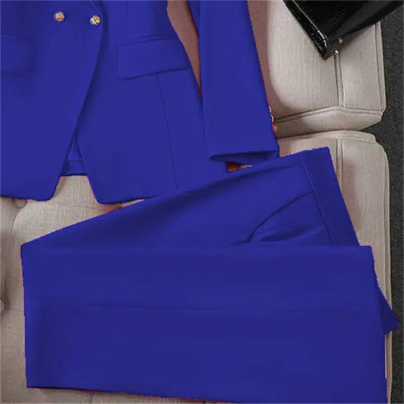 Simples Market blue two-piece blazer and pants suit for women, casual office wear with gold-tone buttons