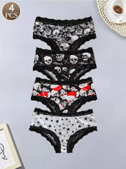 4-PCS women's lace panties with skull and star prints, black and white, black lace trim