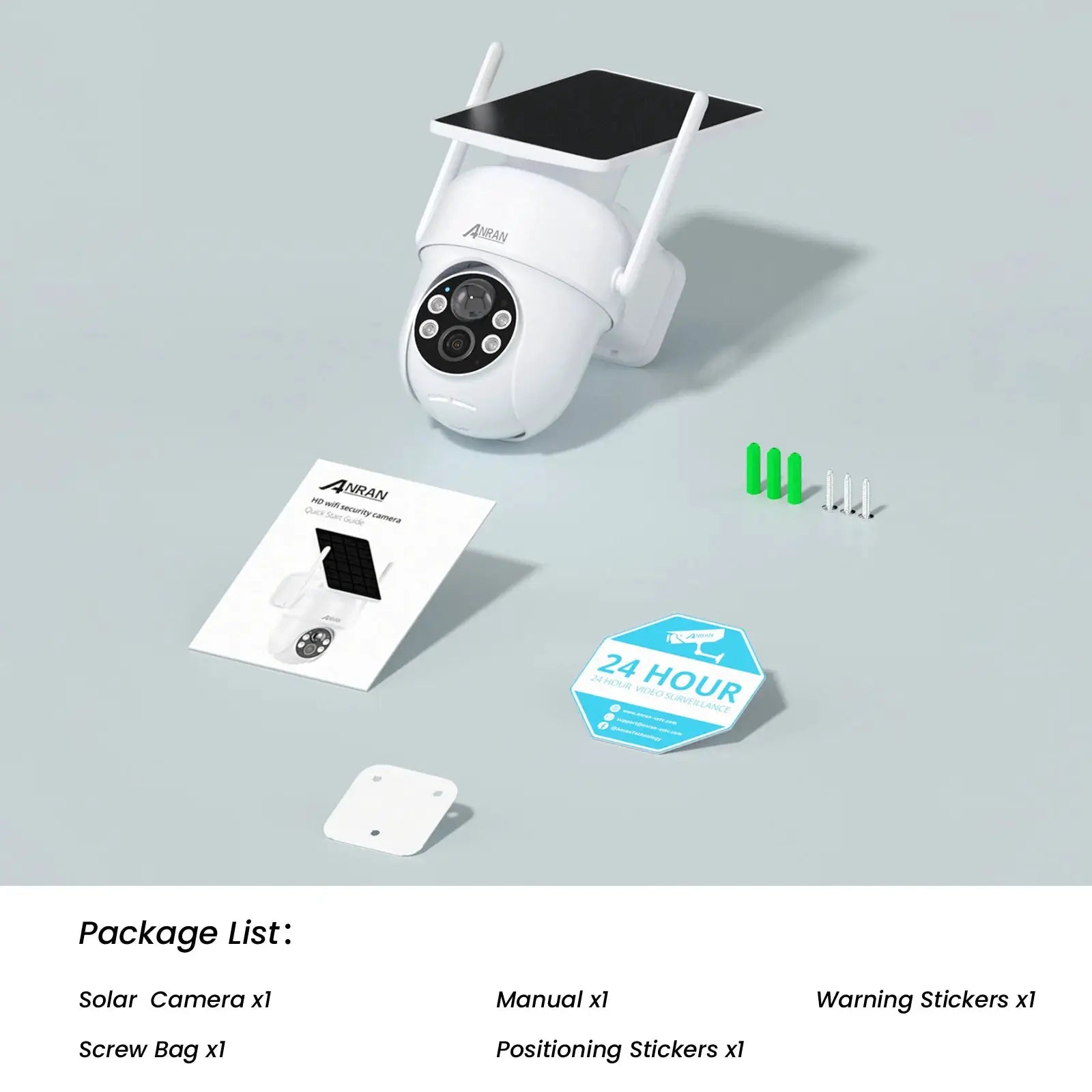 ANRAN solar security camera with solar panel on top, white, accessories kit included