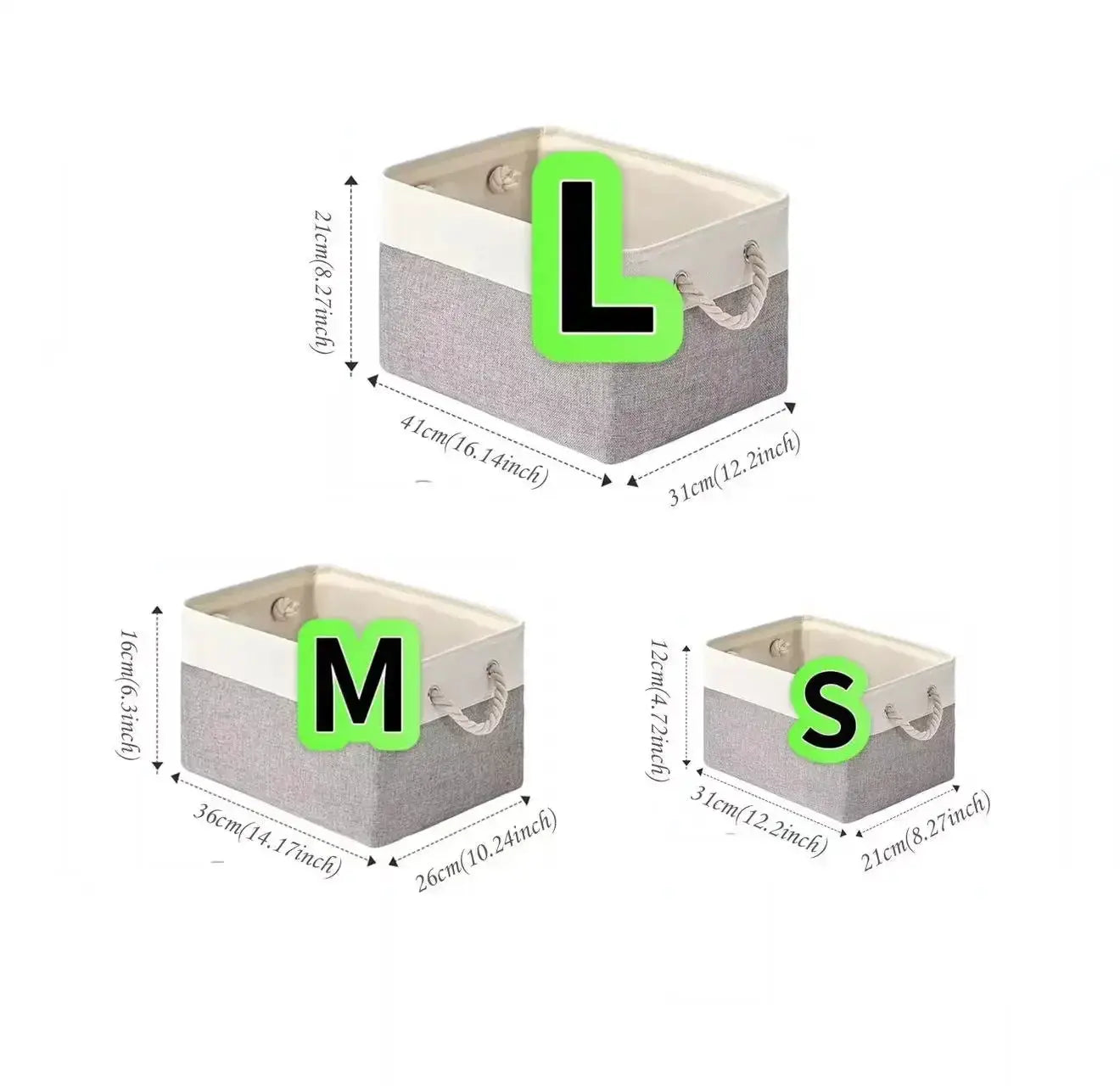 Simples Market linen fabric storage basket set with handles in L/M/S sizes; three baskets, grey and white, foldable.