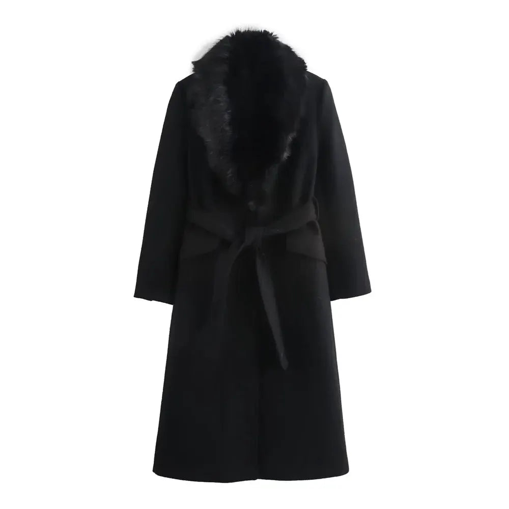 Women Aurora Belted Warm Fur Collar Coat Luxurious Style With Slimming Wide Waist For Autumn And Winter