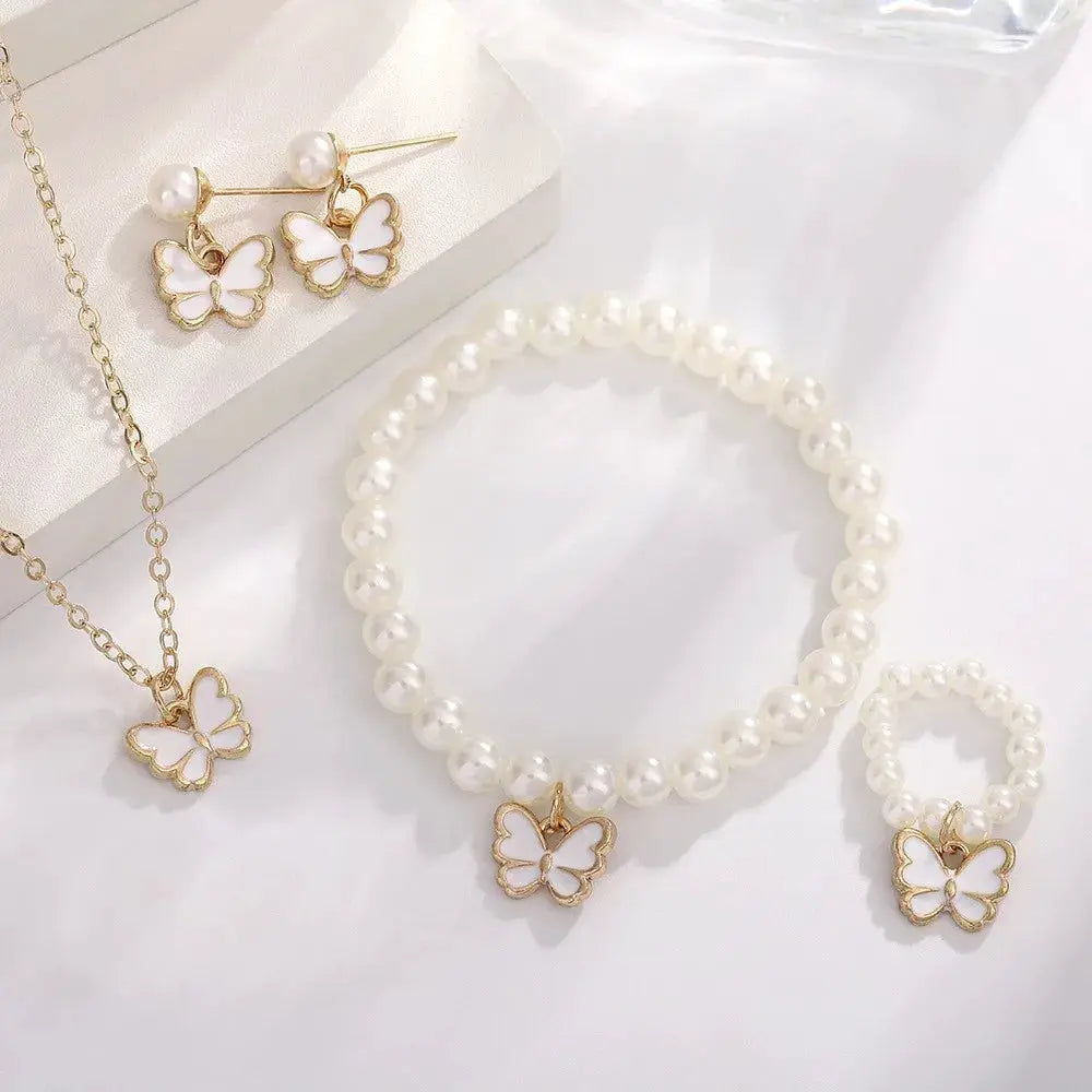 Butterfly Jewelry Set 4 Piece for Women Girls Ring Necklace Bracelet Earrings Simulated Pearl Gold Tone Trendy Cute Gift