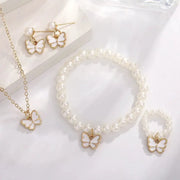 Butterfly Jewelry Set 4 Piece for Women Girls Ring Necklace Bracelet Earrings Simulated Pearl Gold Tone Trendy Cute Gift