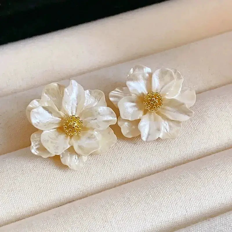 White enamel flower earrings with gold centers, pair for women jewelry