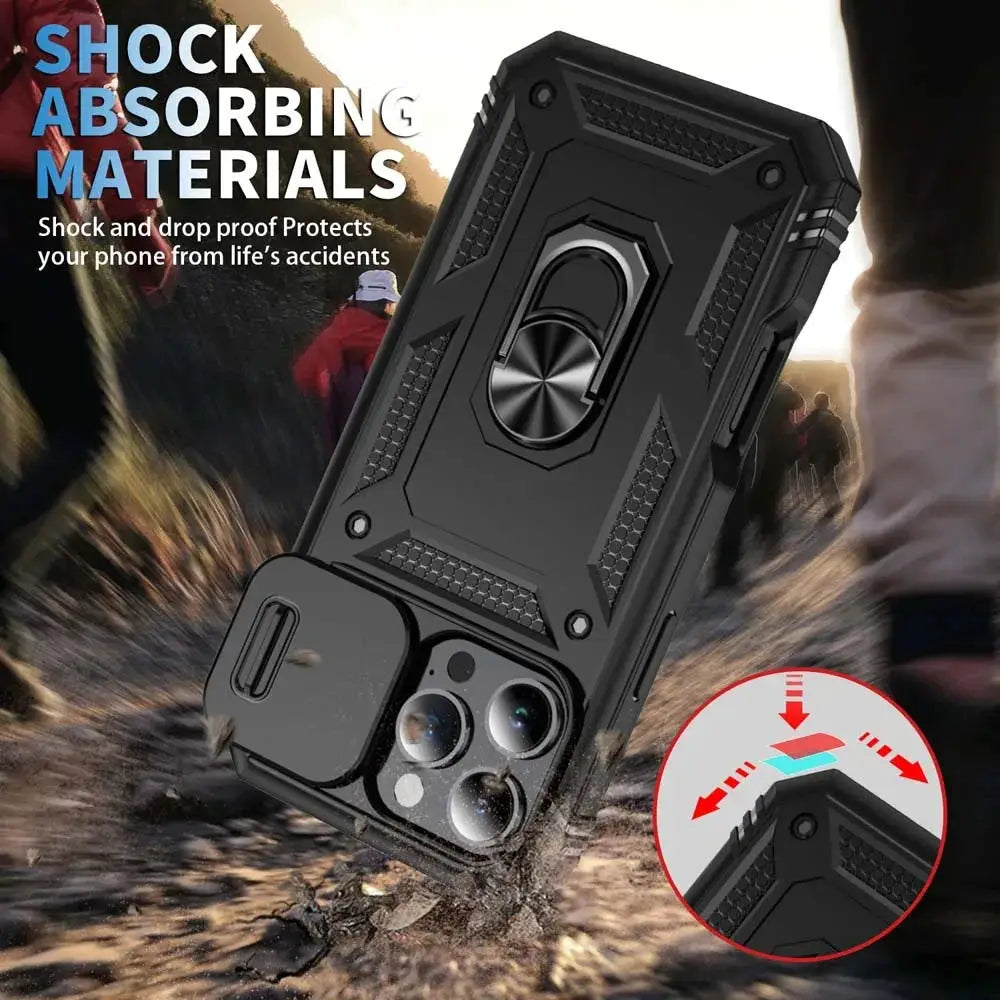 Rugged black iPhone case with 360 full-body protection and ring kickstand for iPhone 16/15/14/13/12/11 Pro/Plus