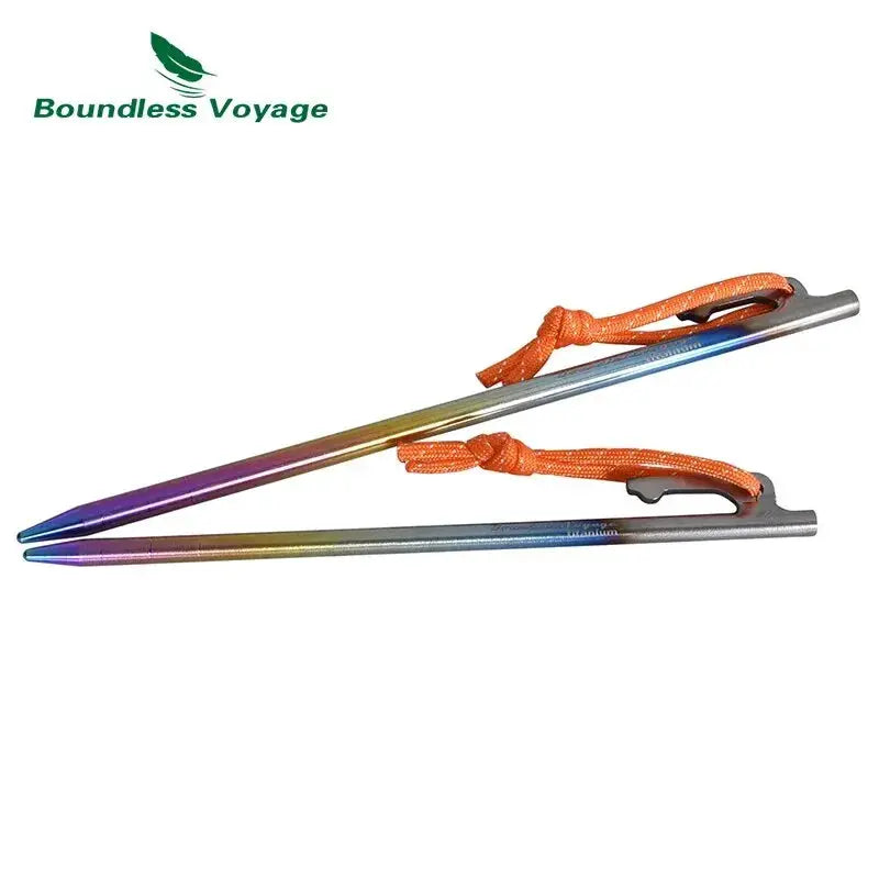 Boundless Voyage tent stakes set by Simples Market, 6 pcs, titanium alloy with rainbow finish and orange paracord.