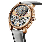 Simples Market AILANG automatic mechanical watch with rose-gold case, skeleton dial, dual tourbillon, and gray leather strap