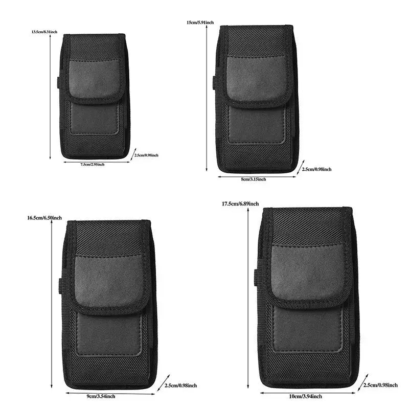 Simples Market nylon mobile phone waist bag with belt loop, black/gray; 4 sizes shown