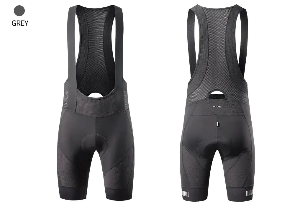 RION cycling bib shorts for men in grey with mesh back and padding for long-distance MTB