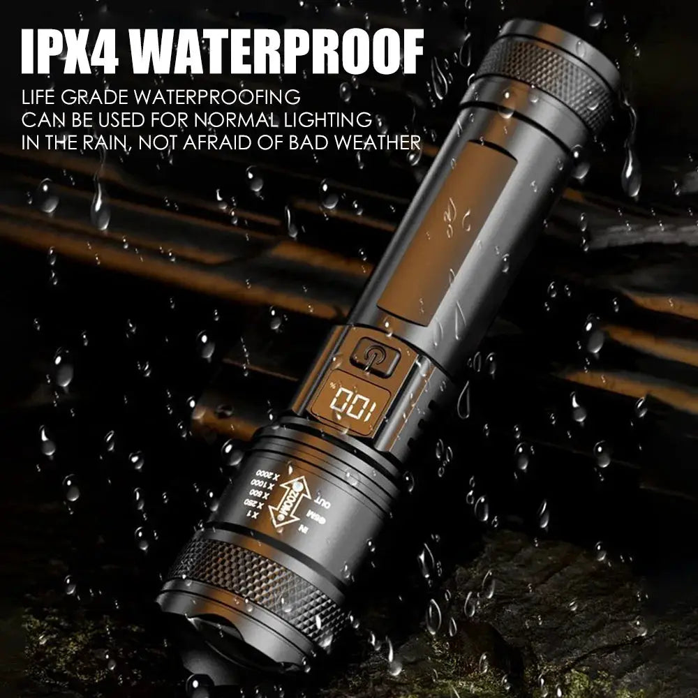 LED flashlight, black tactical metal body with digital display, IPX4 waterproof.