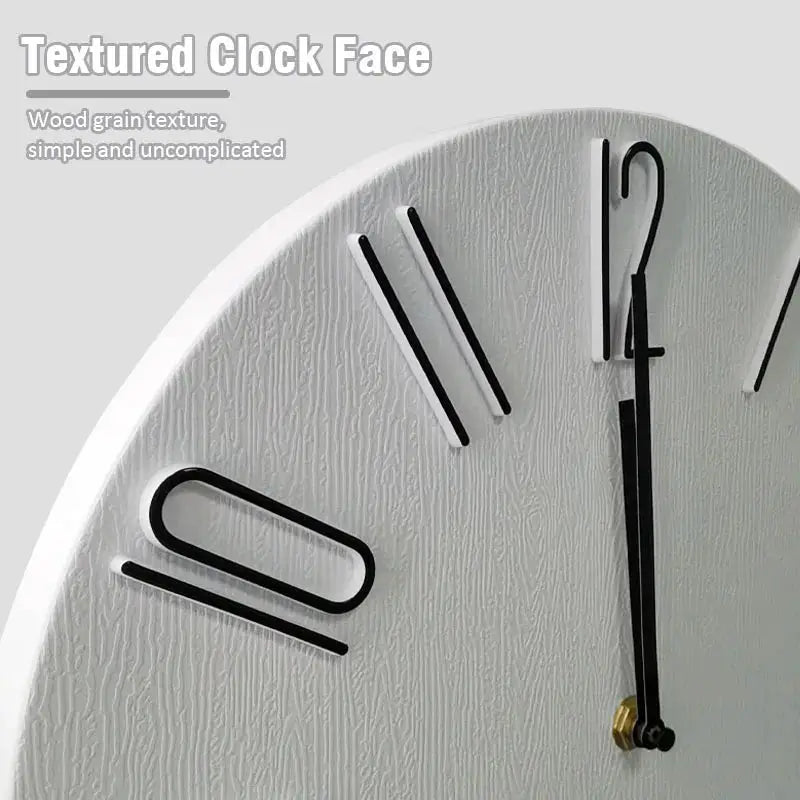 30cm textured wall clock with wood grain face, black minimalist hands, no second hand