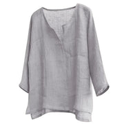 Men's gray V-neck long-sleeve loose shirt, lightweight linen-like casual top