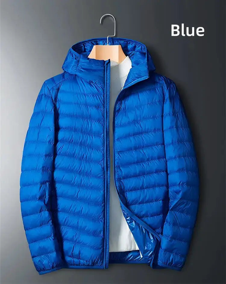 UETEEY men's ultralight blue down jacket with hood, windproof and waterproof.