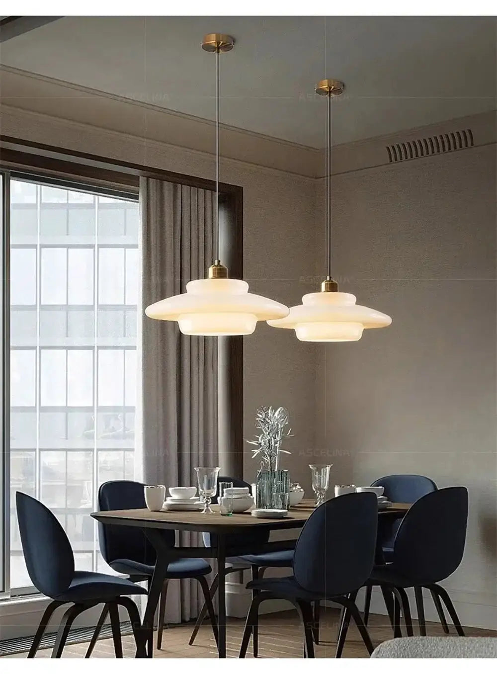Nordic glass pendant lamps, white frosted glass with brass accents, 2-light LED E27 dining fixtures