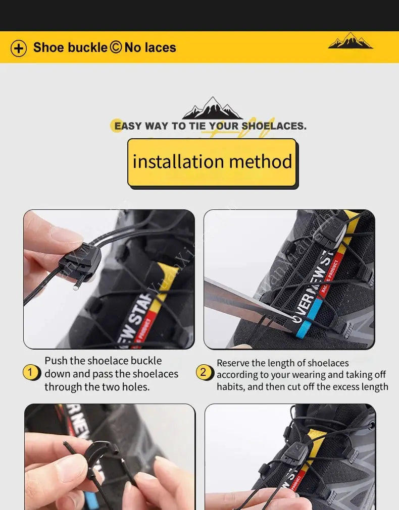 No-tie round sneaker laces with buckle, black; installation steps shown