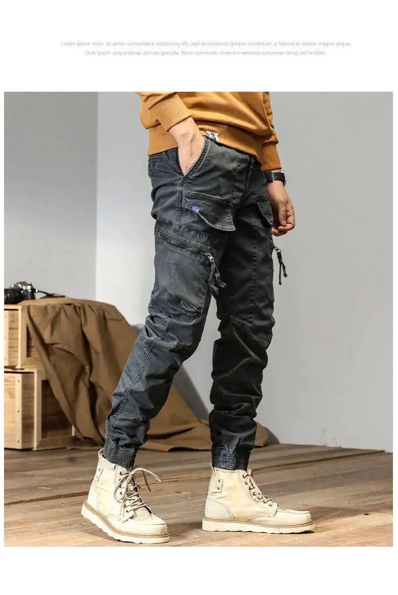 CAAYU men's cargo joggers in gray with multiple pockets and zippered side pockets
