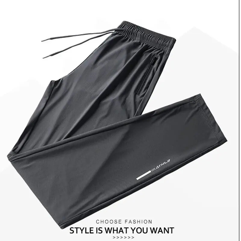 Simples Market ice silk men's pants, charcoal gray quick-dry outdoor running pants with elastic waist and zip pocket.