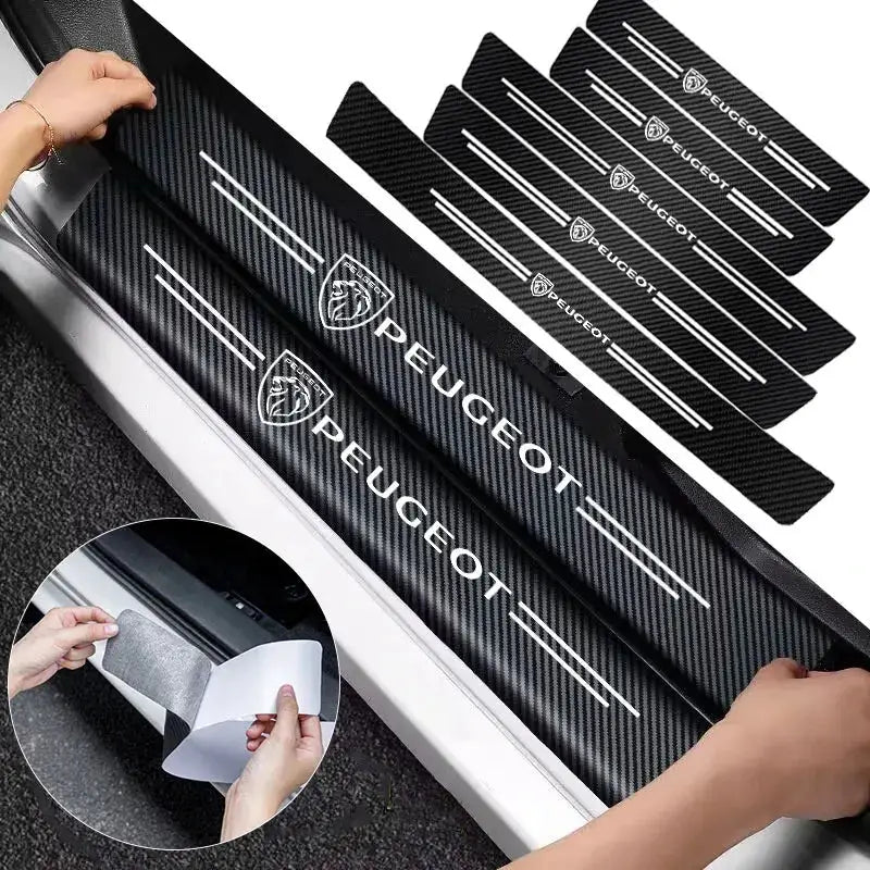 Car door sill protectors with carbon-fiber finish and Peugeot logo, Simples Market