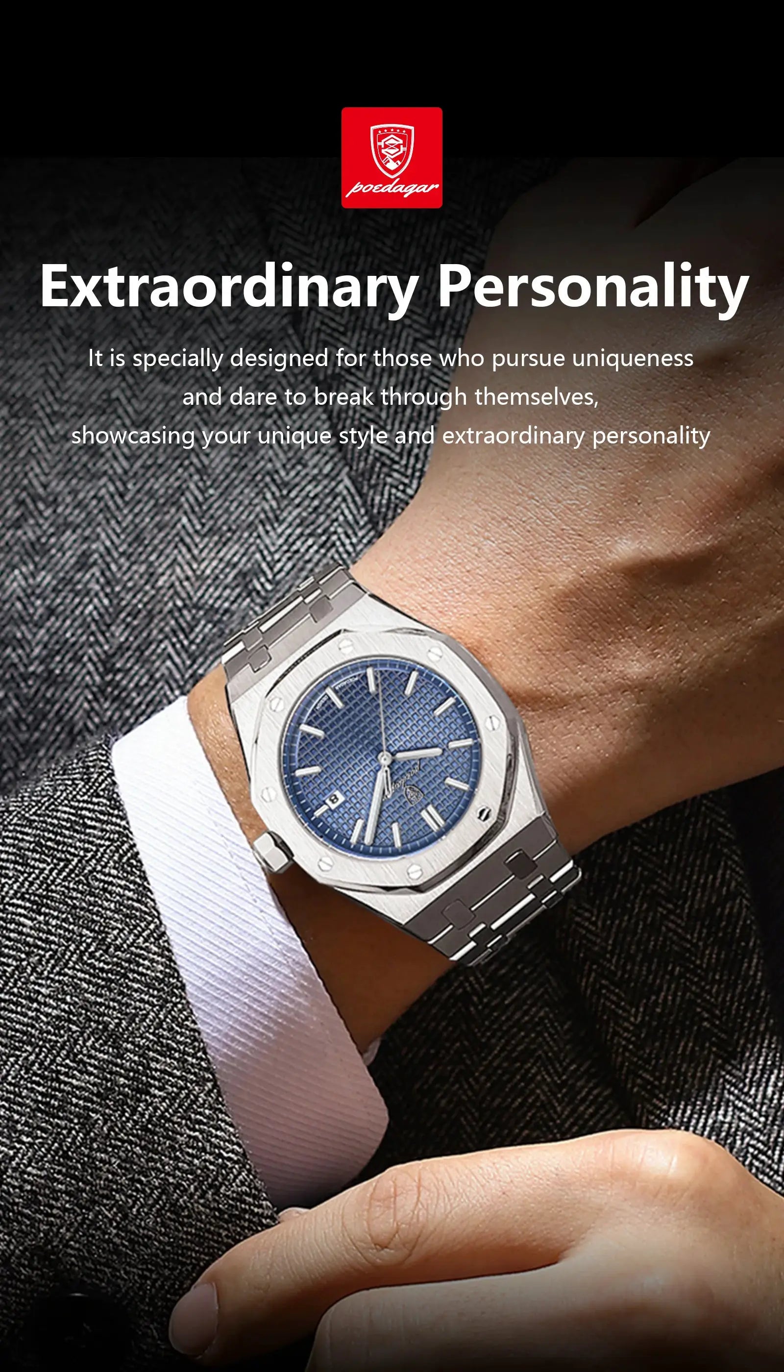 Men's stainless steel wristwatch with blue textured dial, date window, and metal bracelet
