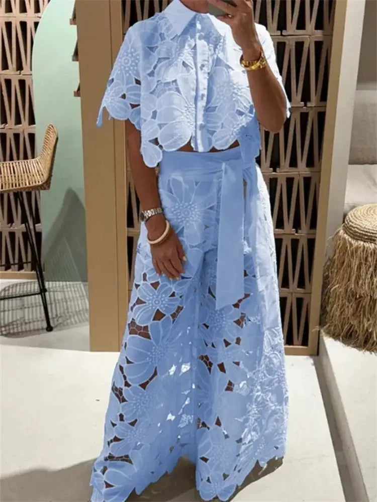 Women Hollow Out Two Piece Wide Leg Pants Set Lace Casual Style