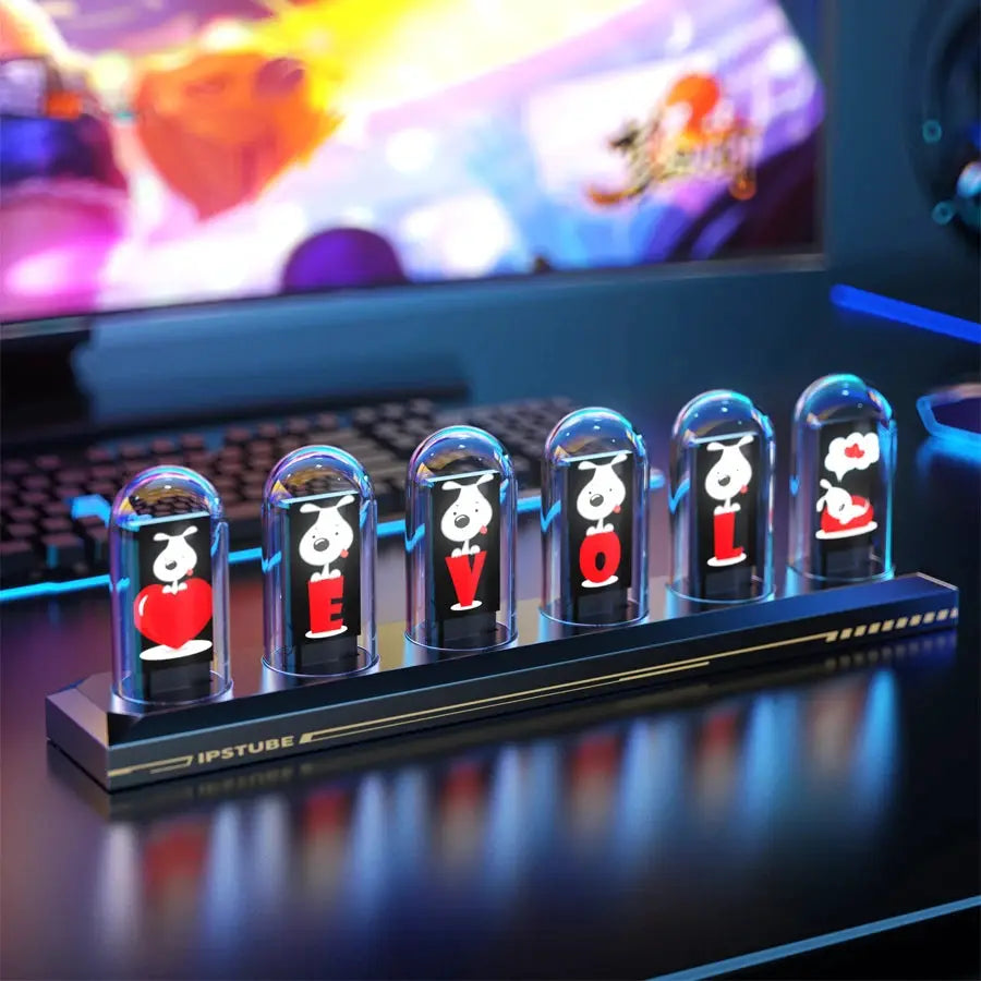 RGB Nixie Tube Clock with clear glass tubes and LED glow on a black base, desktop gaming decor