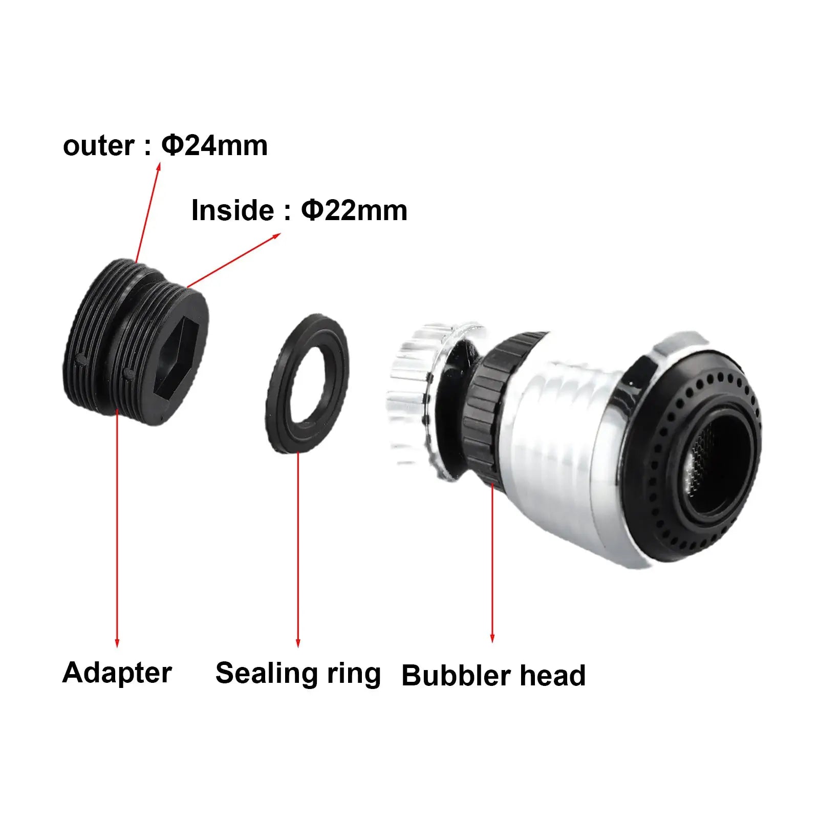 Water Saver Tap aerator kit (4-piece) by Simples Market with black plastic adapter, sealing ring and chrome bubbler head