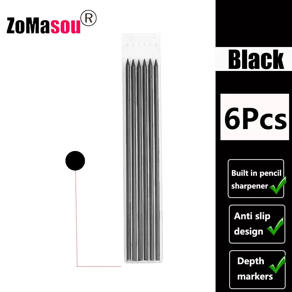 Simples Market Top Solid carpenter mechanical pencils set; 6 black pencils with built-in sharpener and depth markers