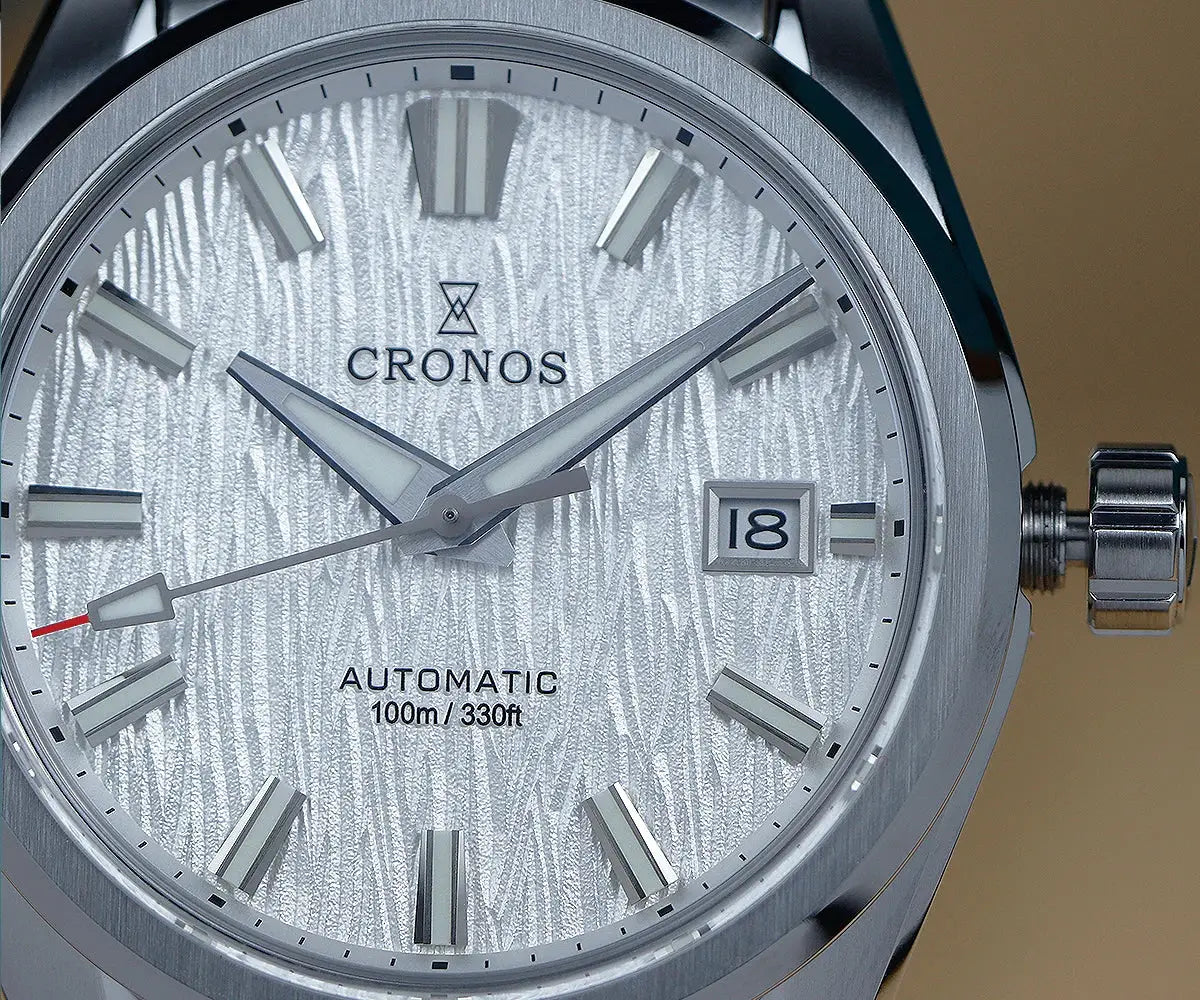 Cronos men's watch with white birch-pattern dial and stainless steel case & bracelet