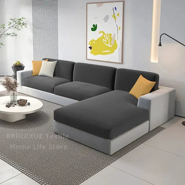 Simples Market velvet L-shaped sectional sofa with dark gray seats and light gray frame, mustard cushions