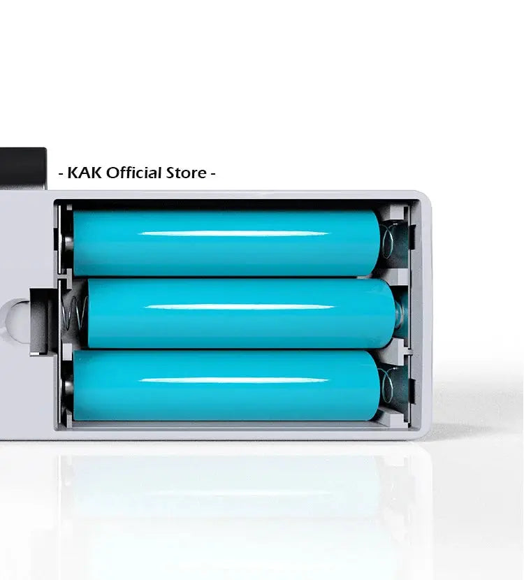 KAK biometric fingerprint drawer lock, white, keyless security with three blue batteries visible inside.