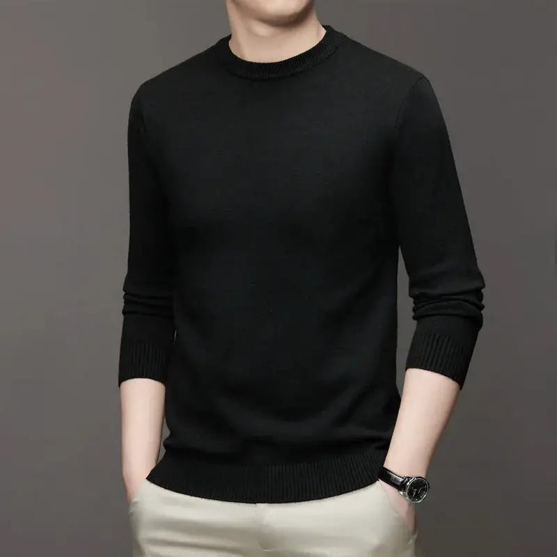 Men's Classic Crewneck Knit Pullover Sweater by Simples Market, black long-sleeve lightweight solid color