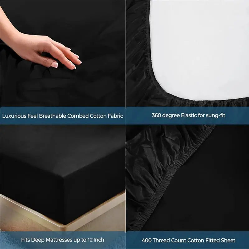 Soft cotton fitted sheet by Simples Market, black with 360° elastic; fits deep mattresses up to 12 inches