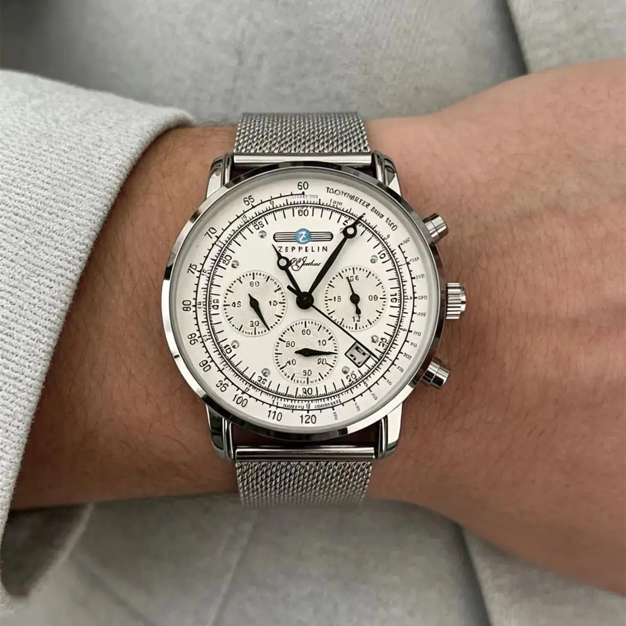 Zeppelin Airship chronograph men's watch with silver mesh bracelet, white dial and date window