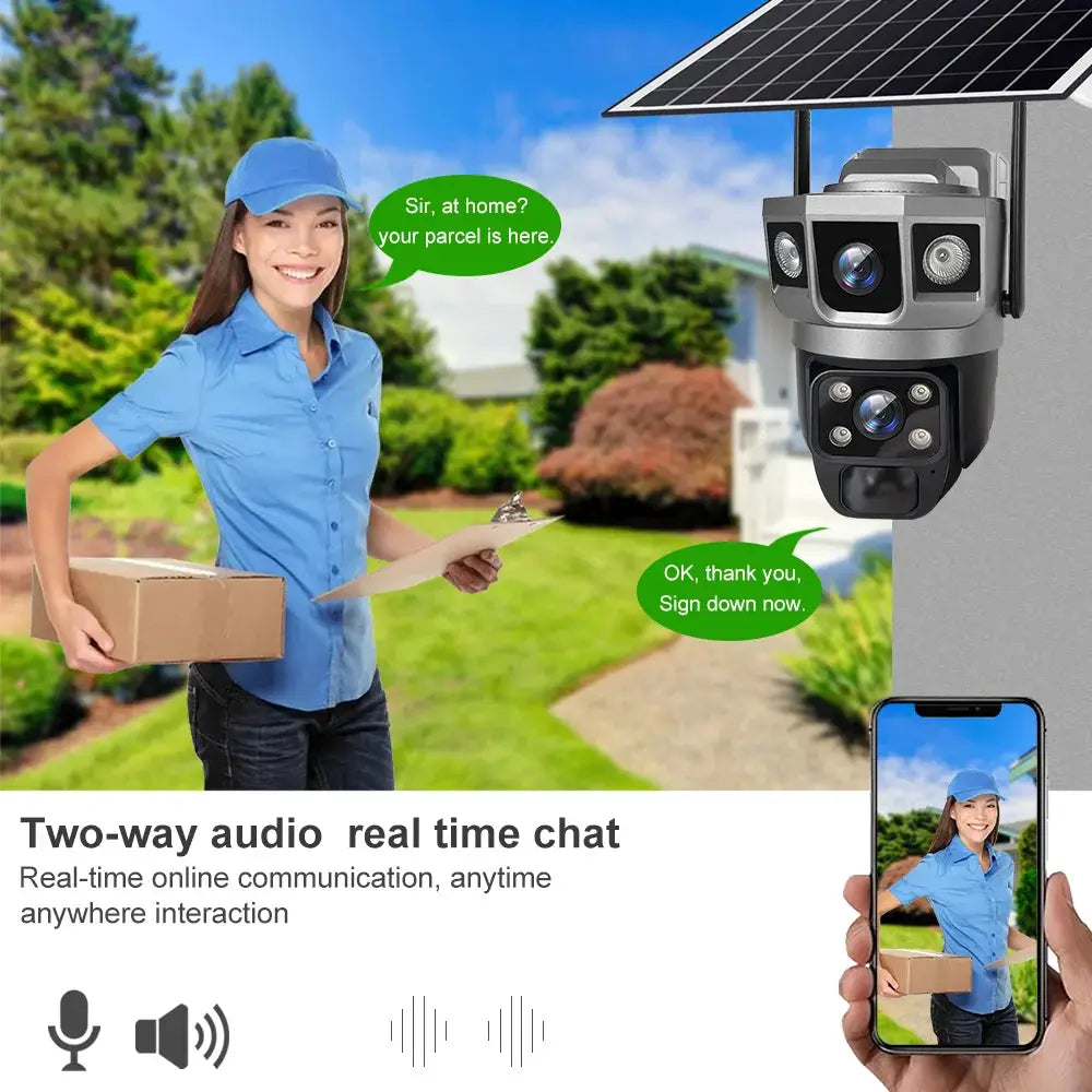 V380 Pro solar WiFi IP camera with two lenses for outdoor surveillance; Simples Market.