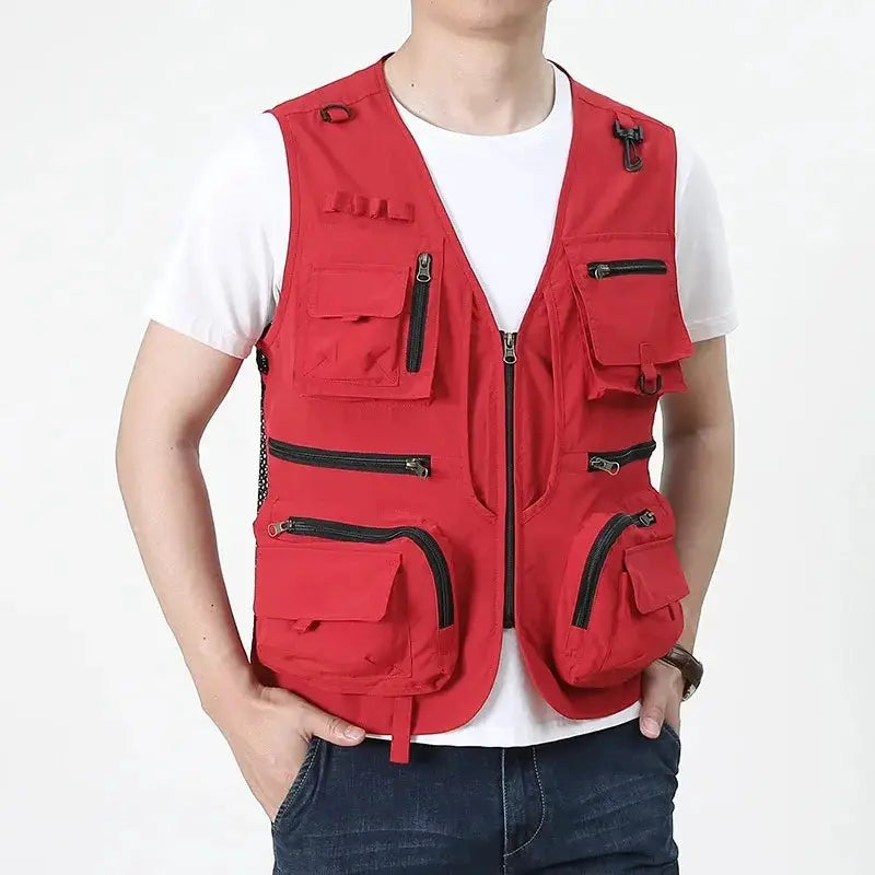 Simples Market red multipocket quick-dry mesh fishing vest with multiple zip pockets