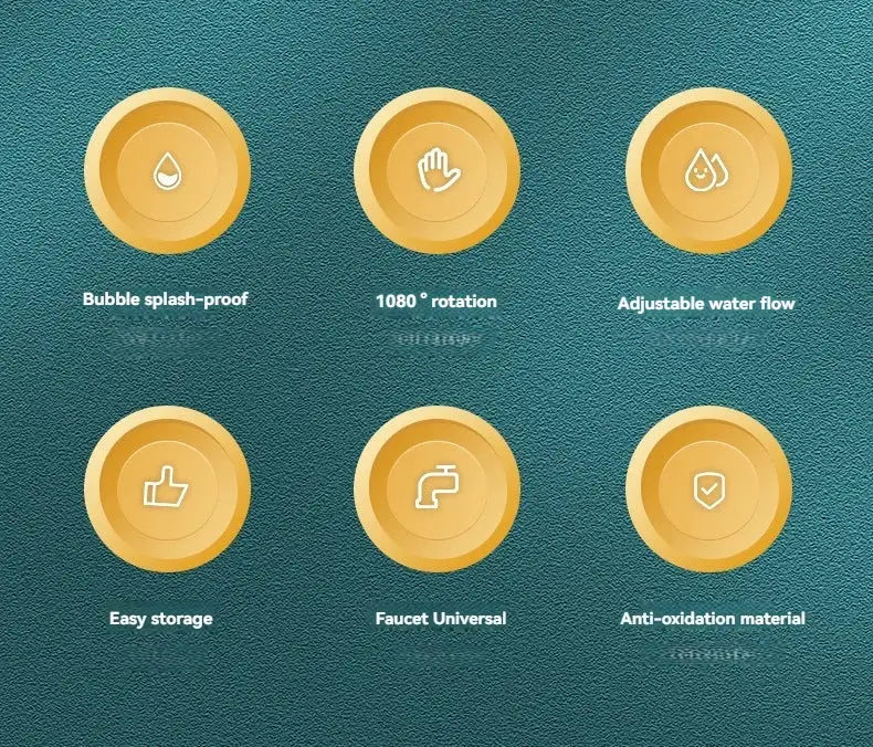 Simples Market universal faucet aerator with six gold icons showing splash-proof, 1080° rotation, and adjustable flow.