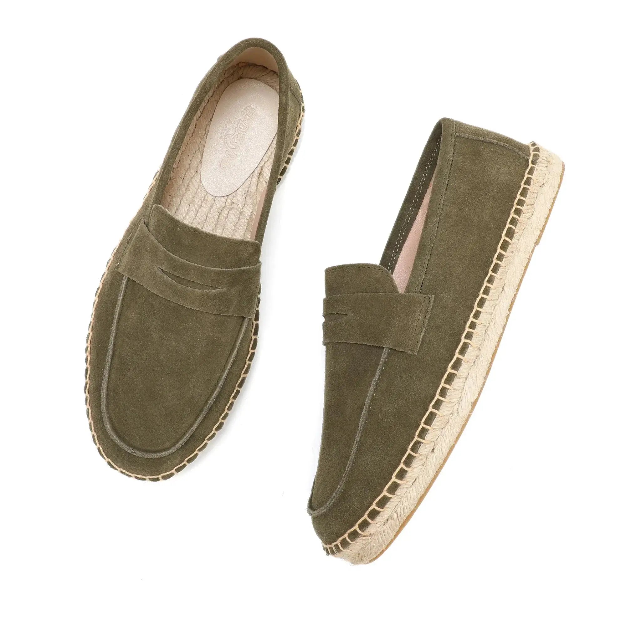 Pair of men's olive green suede jute espadrille loafers, slip-on
