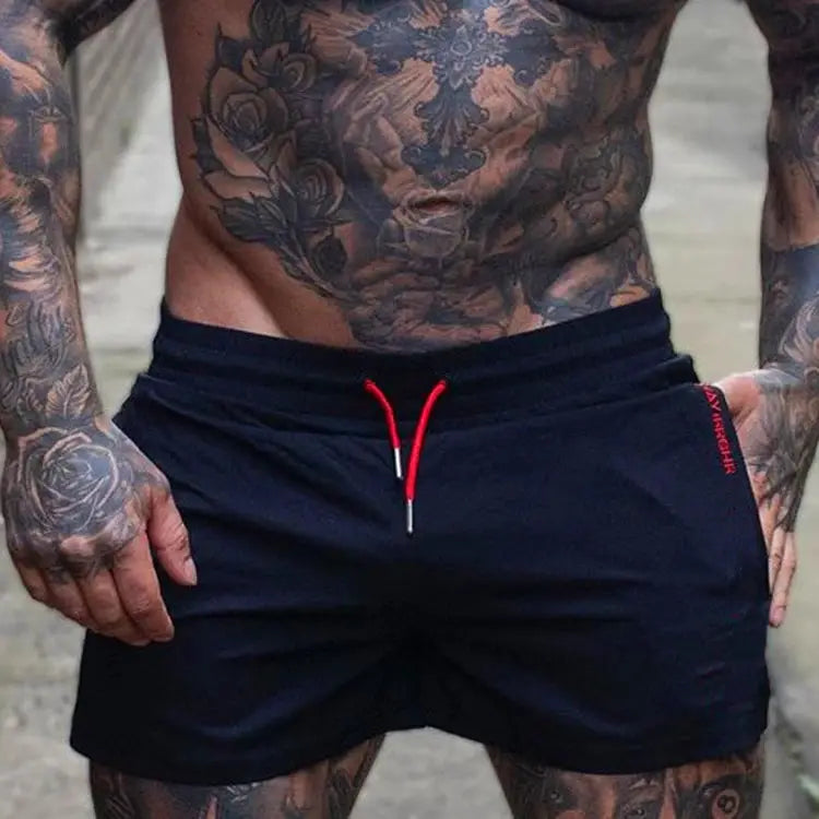 Men's gym shorts by Simples Market, navy lightweight quick-dry shorts with red drawstring.