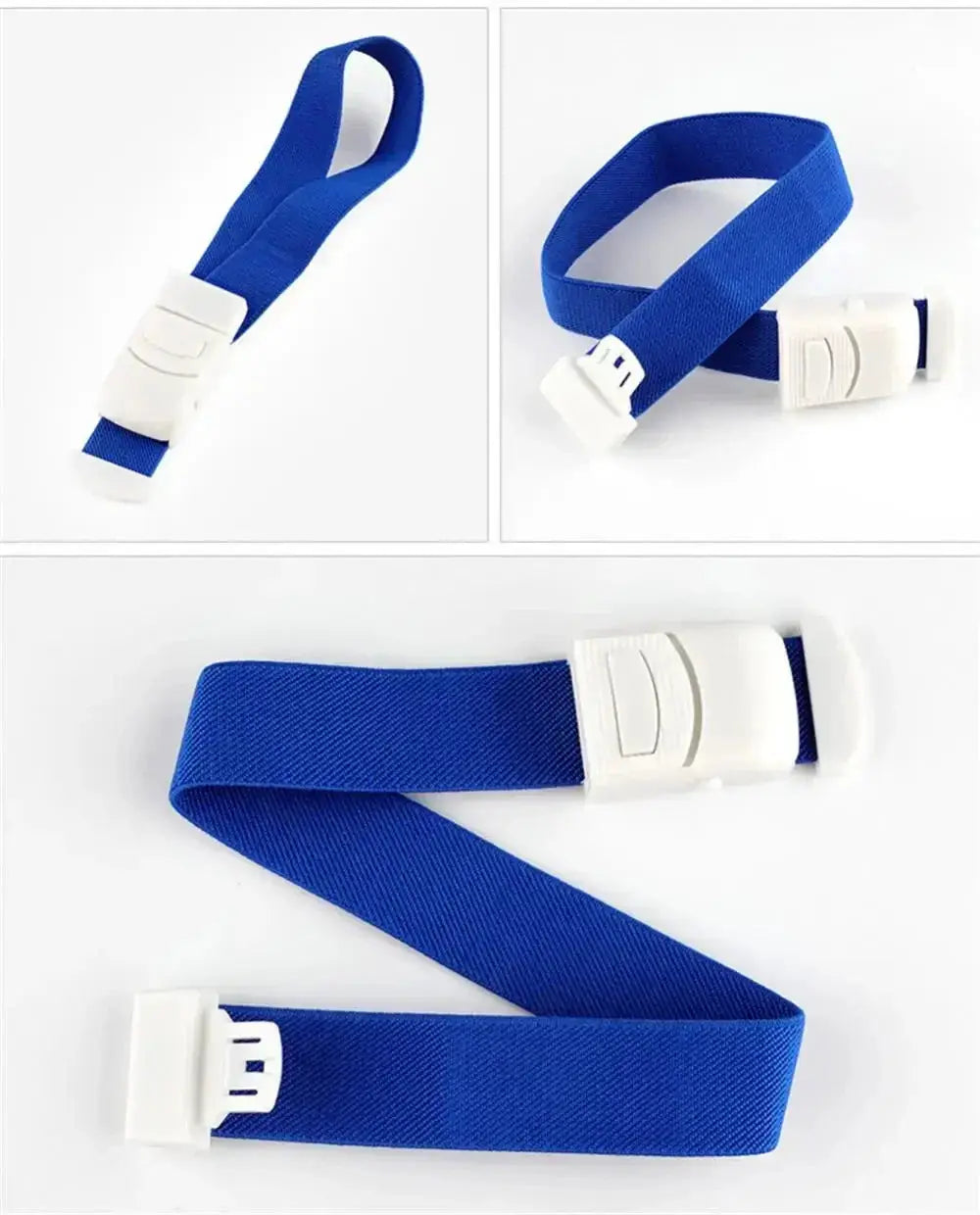Emergency lock tourniquet strap in blue with white buckle by Simples Market