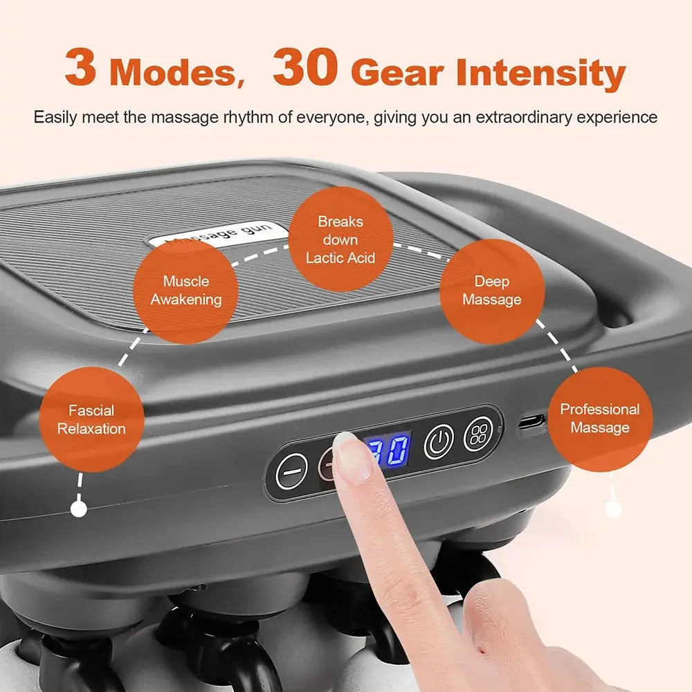 16-head fascia massage gun by Simples Market with digital display and gray body