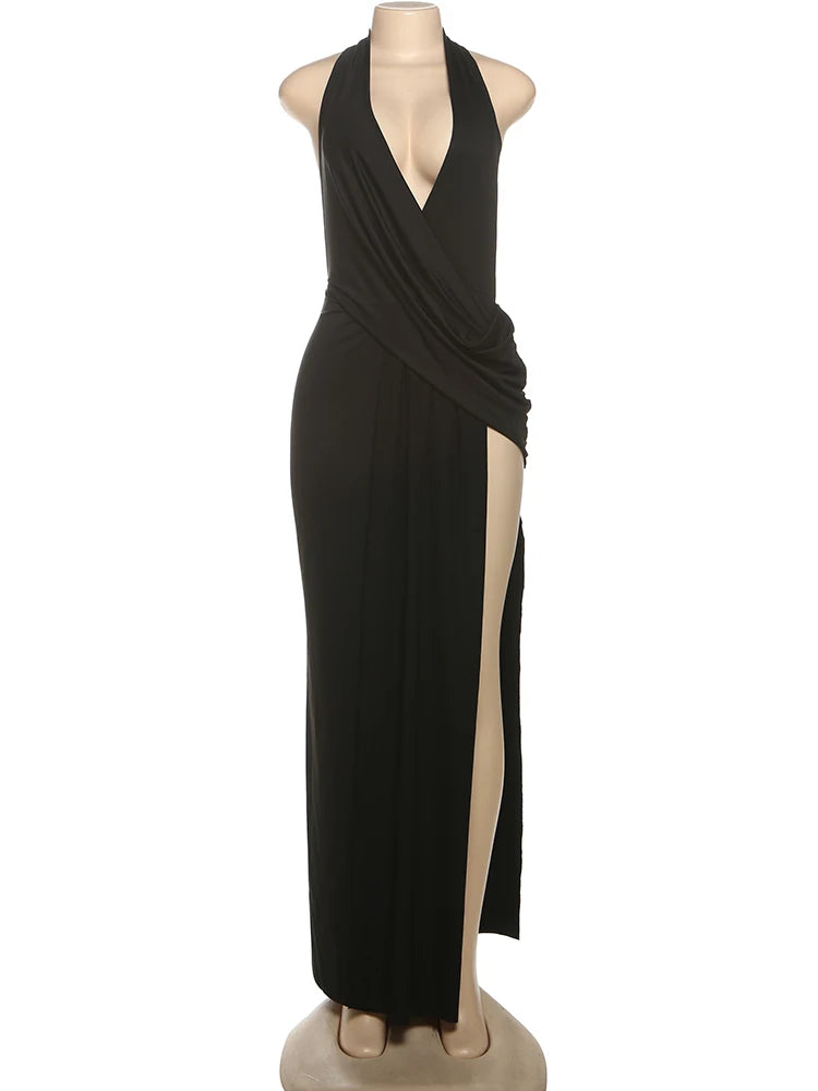 Sisterlinda Halter Maxi Dress With High Splits Backless Ruched