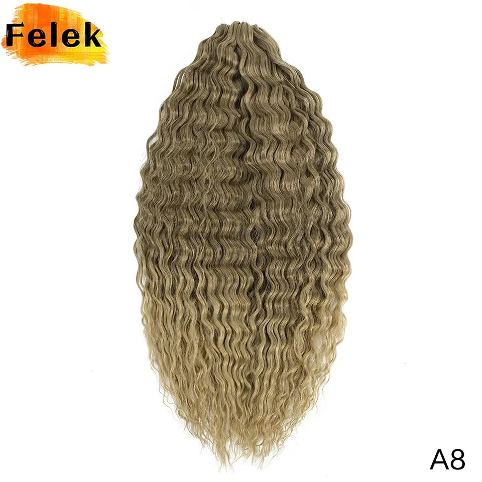 Ariel Curls water-wave crochet hair, ombre blonde-pink, synthetic Afro curls by Simples Market, Felek logo visible