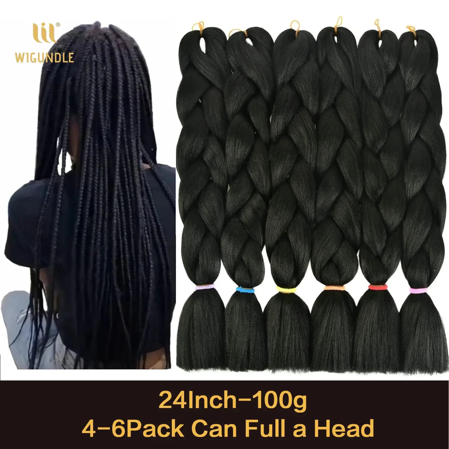 WIGUNDLE 24-inch jumbo braid extensions in black Kanekalon synthetic braiding hair; 4–6 pack full head